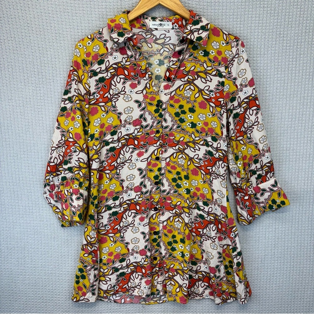 Natural Life "Twiggy Floral" Mini Button Front Boho Shirt Dress Tunic Small